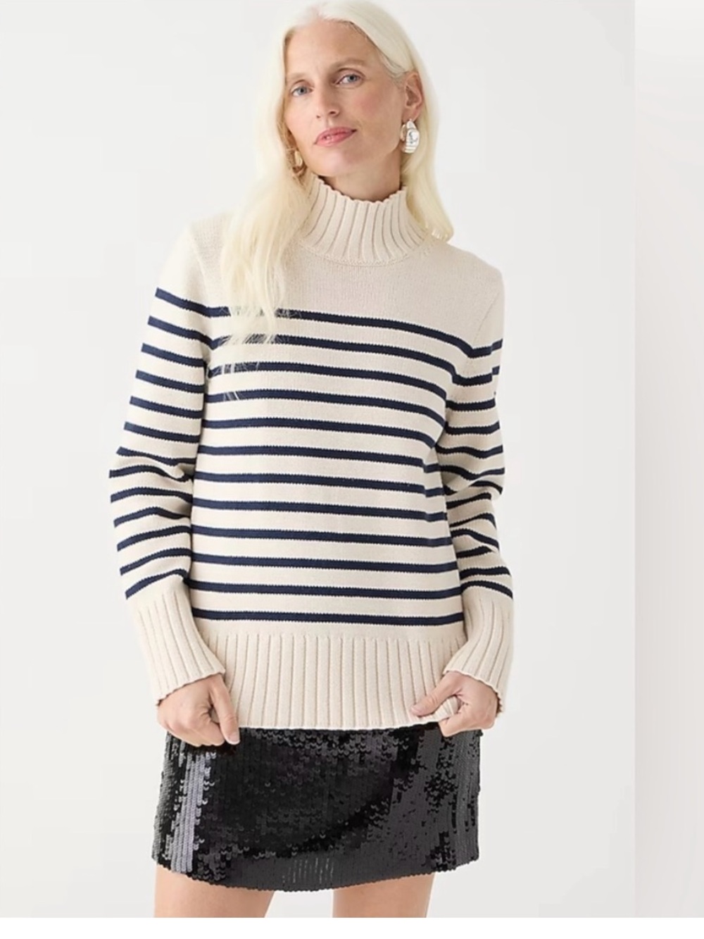J. Crew Cream Cotton Turtleneck with Navy Stripe size S
